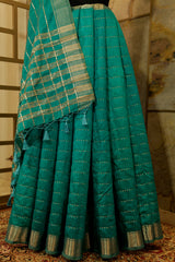 Teal Tussar Saree with Jari Butti all over body and Jari borders