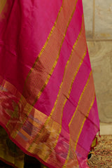 Green saree Pink Pallu Silk-cotton Ikat border