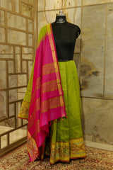 Green saree Pink Pallu Silk-cotton Ikat border