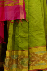 Green saree Pink Pallu Silk-cotton Ikat border