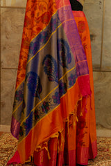 Orange dual-tones Pochampalli super soft saree with contrast purple-gold blouse