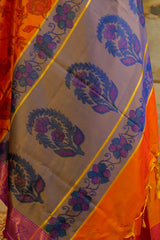 Orange dual-tones Pochampalli super soft saree with contrast purple-gold blouse