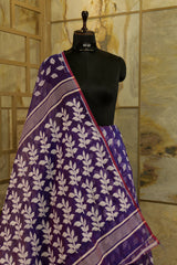 Dark purple cotton Jamdani with white leaves weaved all over