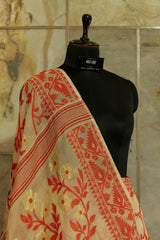Off White  - Red & Gold  cotton Jamdani saree