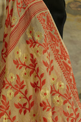 Off White  - Red & Gold  cotton Jamdani saree