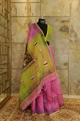 Hand painted Pink  saree with Olive colored Pallu with batik lady figurine on Pallu
