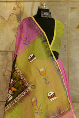 Hand painted Pink  saree with Olive colored Pallu with batik lady figurine on Pallu