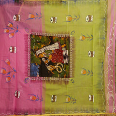Hand painted Pink  saree with Olive colored Pallu with batik lady figurine on Pallu
