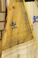 Hand painted Off White saree with Beige colored Pallu with batik lady figurine on Pallu and painted motifs all over body