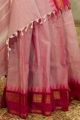 Chettinad Cotton Pink plain Saree with dark pink temple border