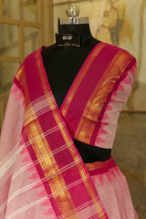 Chettinad Cotton Pink plain Saree with dark pink temple border