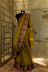 Olive green Chettinad cotton saree  with marron border with beautiful peacock motif weaved on border