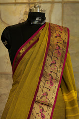 Olive green Chettinad cotton saree  with marron border with beautiful peacock motif weaved on border