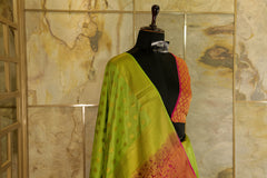 Green soft silk banarasi all over buttas with contrast pink brocade Pallu and pink brocade blouse