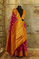 bright pink banarasi soft silk with orange Pallu and orange brocade blouse piece