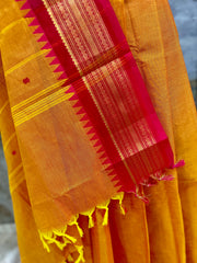 Mustard Orange Cotton Saree with Temple Border