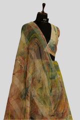 Marble printed pastel blue & pastel yellow  organza textured saree