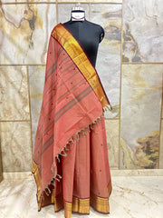 Pink Brown Cotton Saree with Jari Border