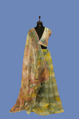Marble printed pastel blue & pastel yellow  organza textured saree