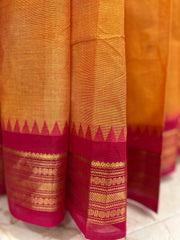 Mustard Orange Cotton Saree with Temple Border