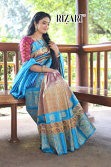 Peacock Blue Hand woven Kanjivaram Pure Silk Saree