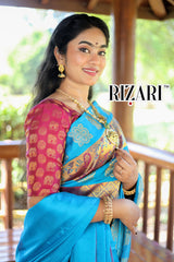 Peacock Blue Hand woven Kanjivaram Pure Silk Saree