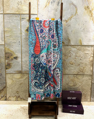 Kashmir Treasures Silk Kalamkari Print with Embroidery Stole; Pastel Blue-Black Design