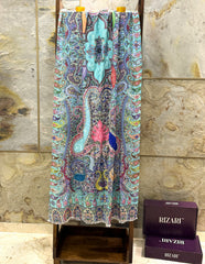 Kashmir Treasures Silk Kalamkari Print with Embroidery Stole - Pastel Blue Design