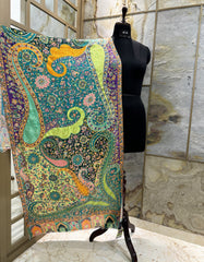 Kashmir Treasures Silk Kalamkari Print with Embroidery Stole - Green Design