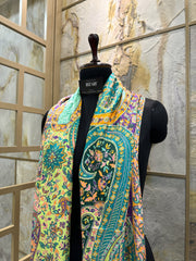 Kashmir Treasures Silk Kalamkari Print with Embroidery Stole - Green Design