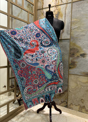 Kashmir Treasures Silk Kalamkari Print with Embroidery Stole; Pastel Blue-Black Design