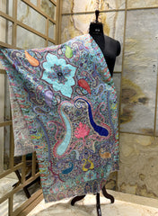 Kashmir Treasures Silk Kalamkari Print with Embroidery Stole - Pastel Blue Design