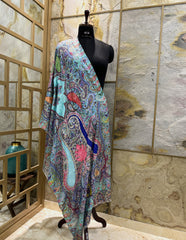 Kashmir Treasures Silk Kalamkari Print with Embroidery Stole - Pastel Blue Design