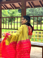 Olive green Kanjivaram Silk Saree with Pink Temple Border