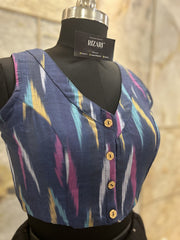 Handloom Ikat Front Button - Blue Multicolor Pattern