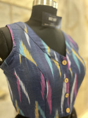 Handloom Ikat Front Button - Blue Multicolor Pattern