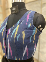 Handloom Ikat Front Button - Blue Multicolor Pattern