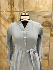 Mandarin Collar Fit and Flare Dress with Cuff Sleeves