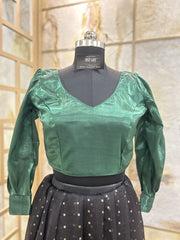 Dark green Organza full sleeves Pleats / balloon sleeves, backside hook