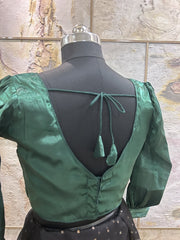 Dark green Organza full sleeves Pleats / balloon sleeves, backside hook