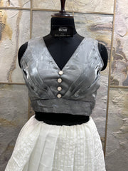 Grey Front Pleated Organza Designer Blouse