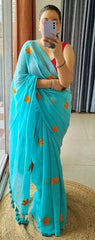 Mul Cotton Saree with Leaves Embroidery