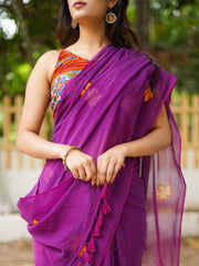 Mul Cotton Saree with Leaves Embroidery