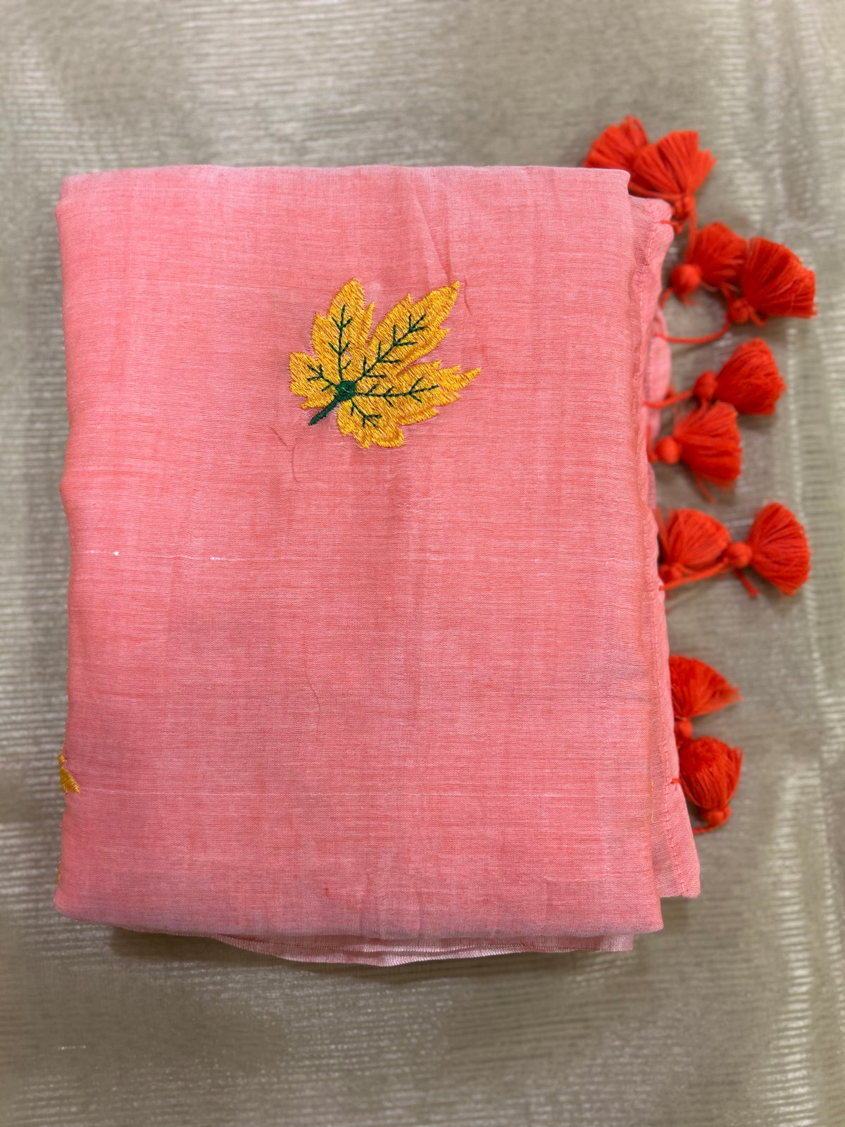 Mul Cotton Saree with Leaves Embroidery
