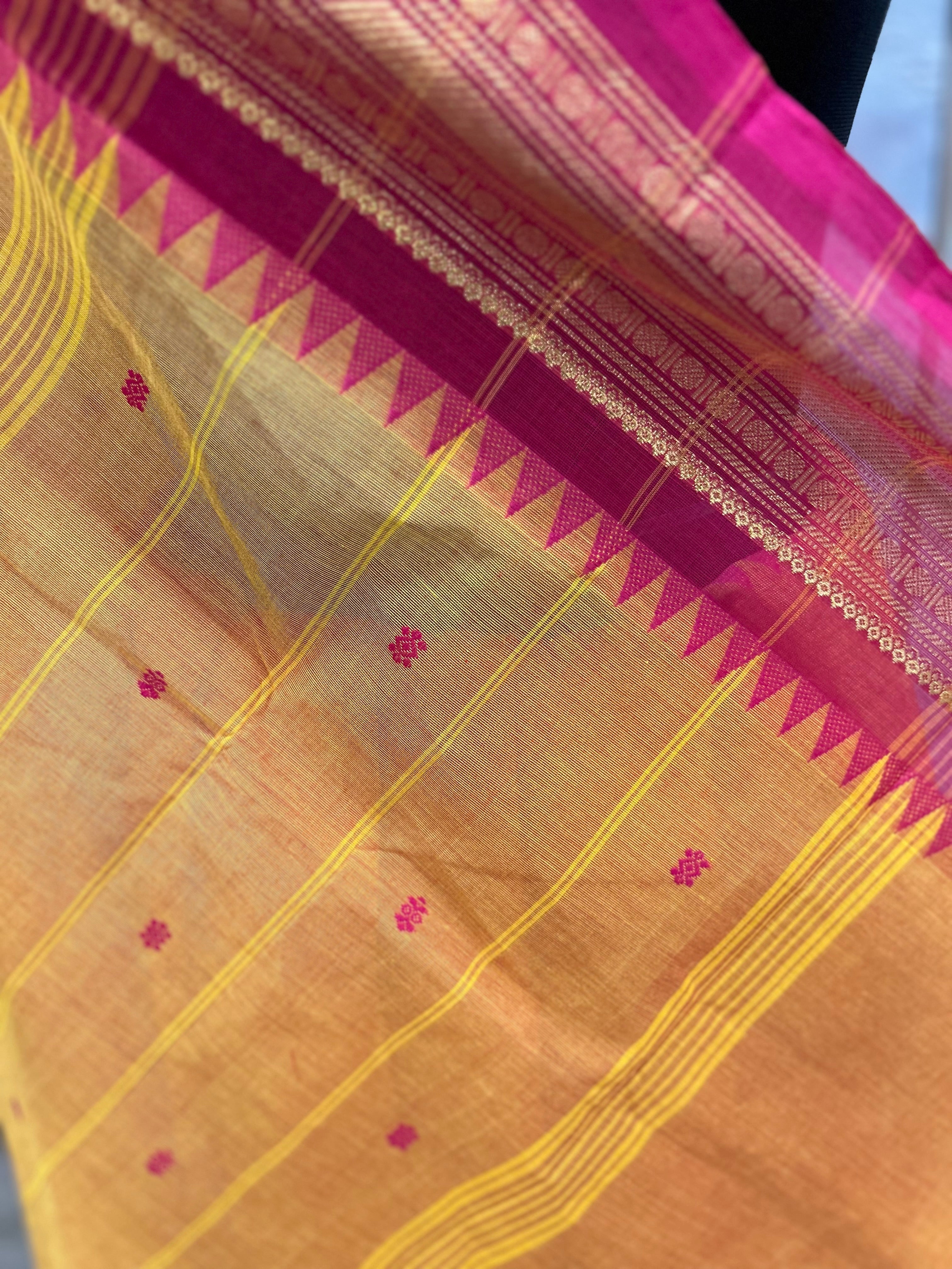 Mustard Orange Cotton Saree with Temple Border