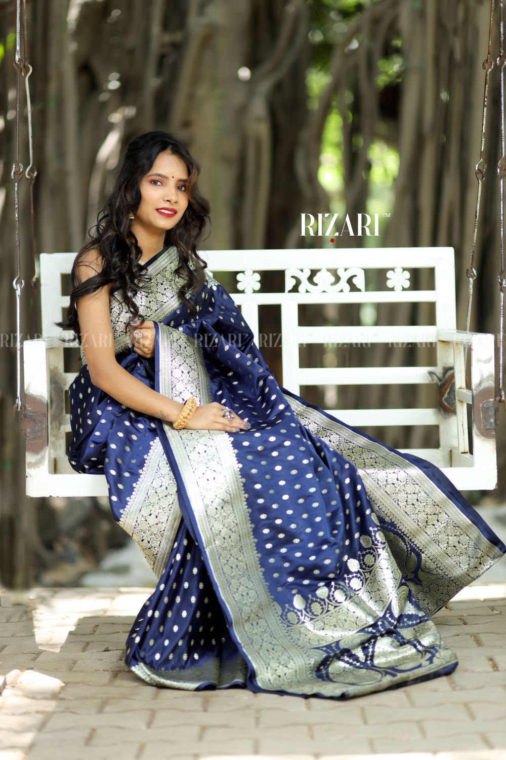 Navy Blue Banarasi Katan Silk Saree with light gold jari