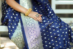 Navy Blue Banarasi Katan Silk Saree with light gold jari