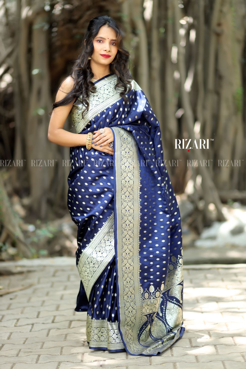 Navy Blue Banarasi Katan Silk Saree with light gold jari