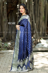 Navy Blue Banarasi Katan Silk Saree with light gold jari