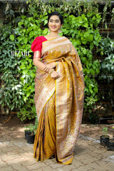 Mustard Tanchoi Silk Saree in Dual Tones(Wine color and Mustard)